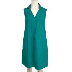 BIBICO BY SNOW - WOMEN'S SMALL -TEAL SLEEVELESS V COLLARED NECK 100% LINEN DRESS